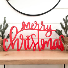 Load image into Gallery viewer, Hand-lettered "merry christmas" wood sign in red