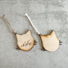 Load image into Gallery viewer, Birch Wood Cat Face with Whiskers Hanging Ornament and Stocking Tag 