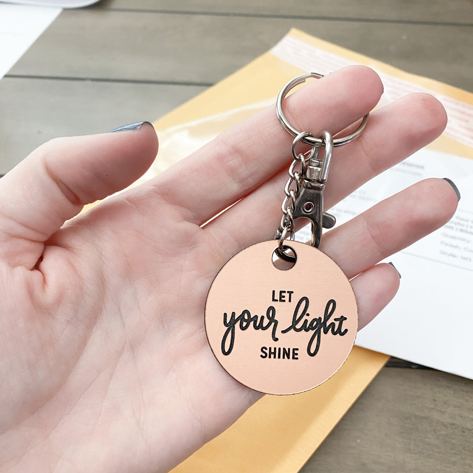 let your light shine keychain, hand-lettered and copper coloring