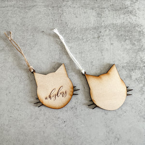 Birch Wood Cat Face with Whiskers Hanging Ornament and Stocking Tag 