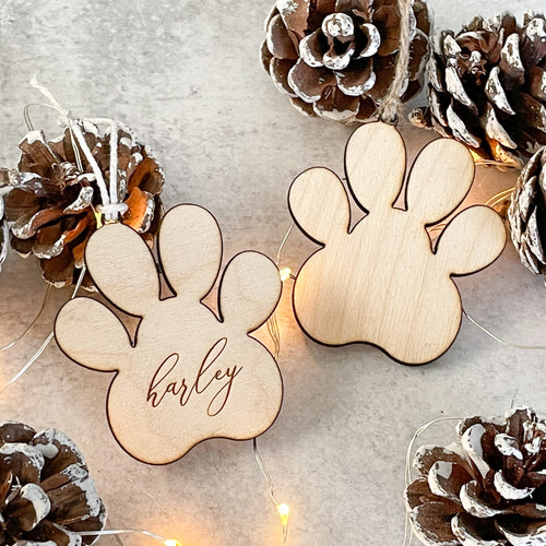 Personalized Engraved Birch Wood Paw Ornament